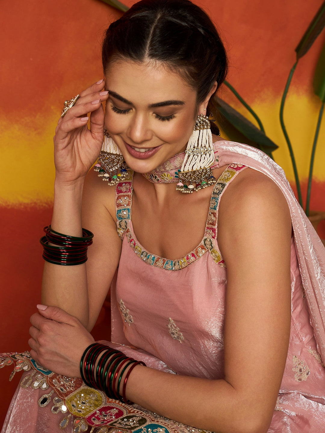 Pink Solid &amp; Embroidered Organza Straight Kurti Palazzo With Dupatta