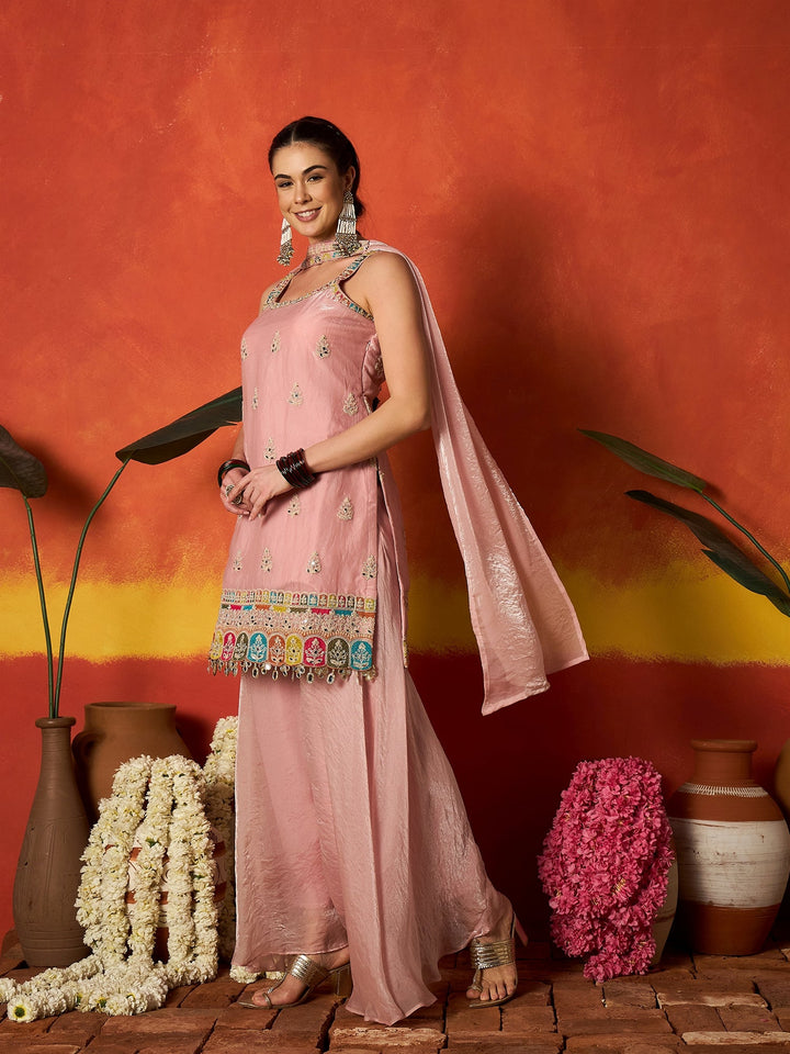 Pink Solid &amp; Embroidered Organza Straight Kurti Palazzo With Dupatta