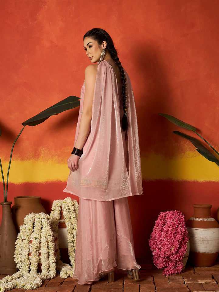 Pink Solid &amp; Embroidered Organza Straight Kurti Palazzo With Dupatta