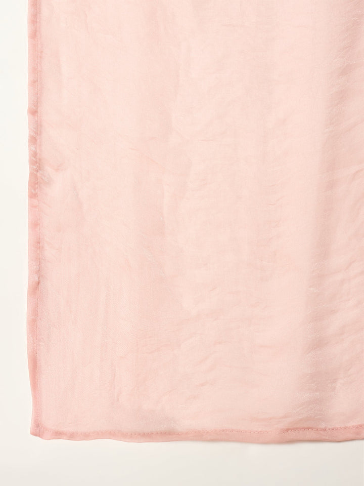 Pink Solid &amp; Embroidered Organza Straight Kurti Palazzo With Dupatta