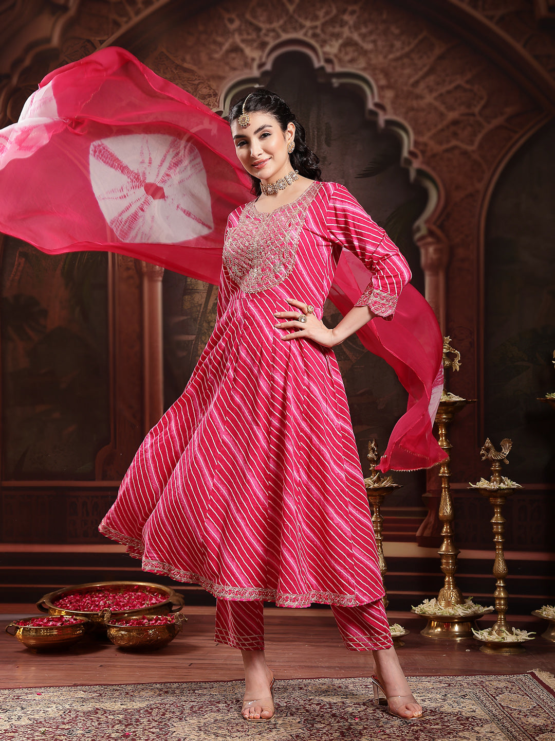 Pink Leheriya Printed & Embroidered Cotton Anarkali Kurta Pant Dupatta Set