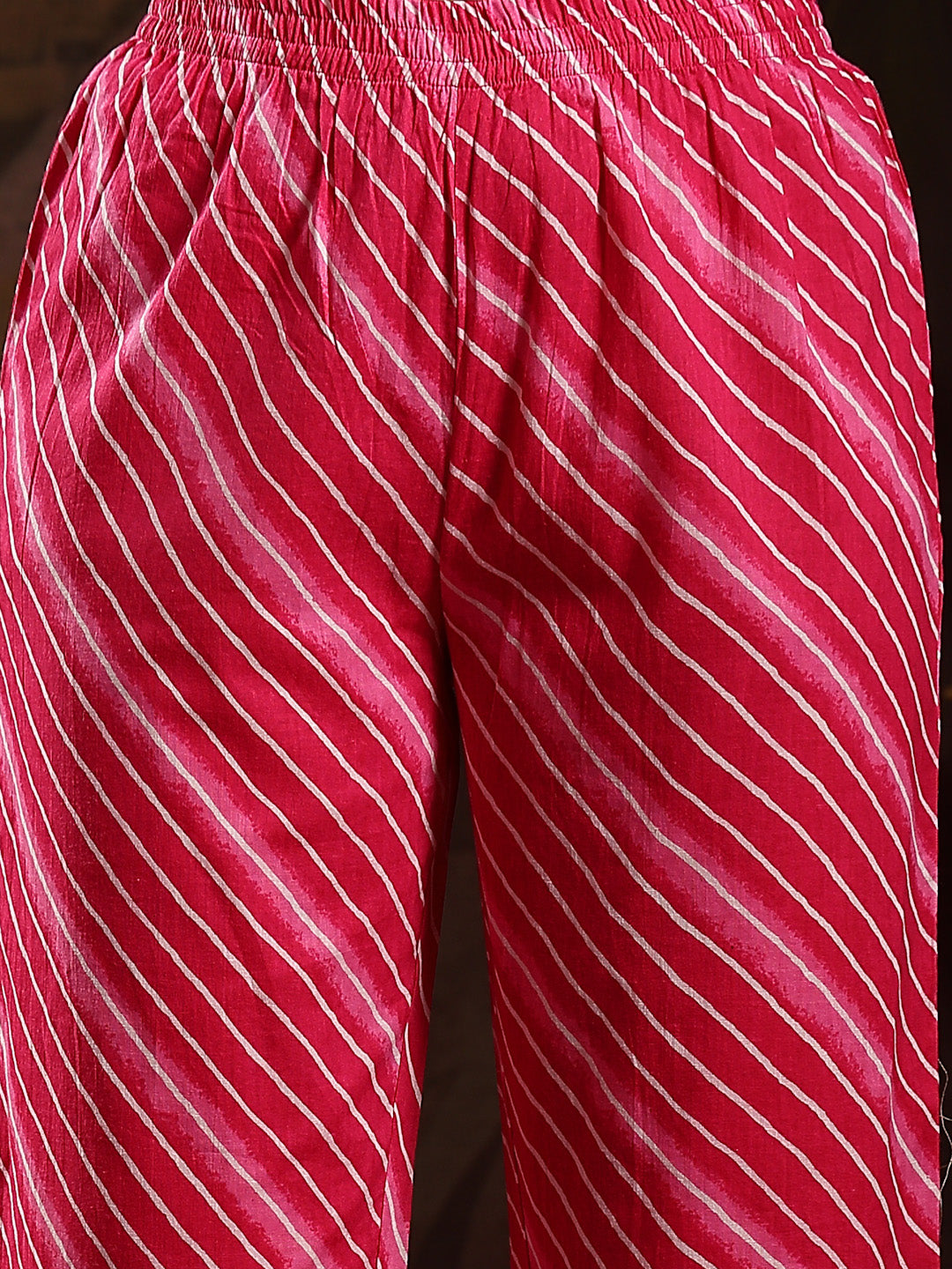 Pink Leheriya Printed & Embroidered Cotton Anarkali Kurta Pant Dupatta Set