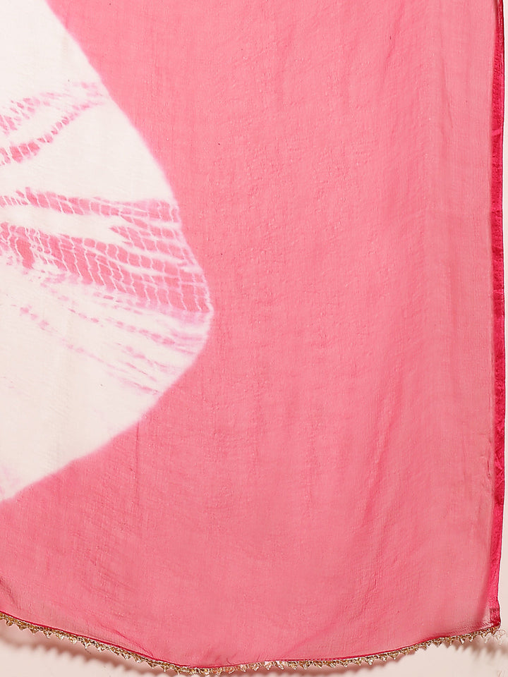 Pink Leheriya Printed & Embroidered Cotton Anarkali Kurta Pant Dupatta Set