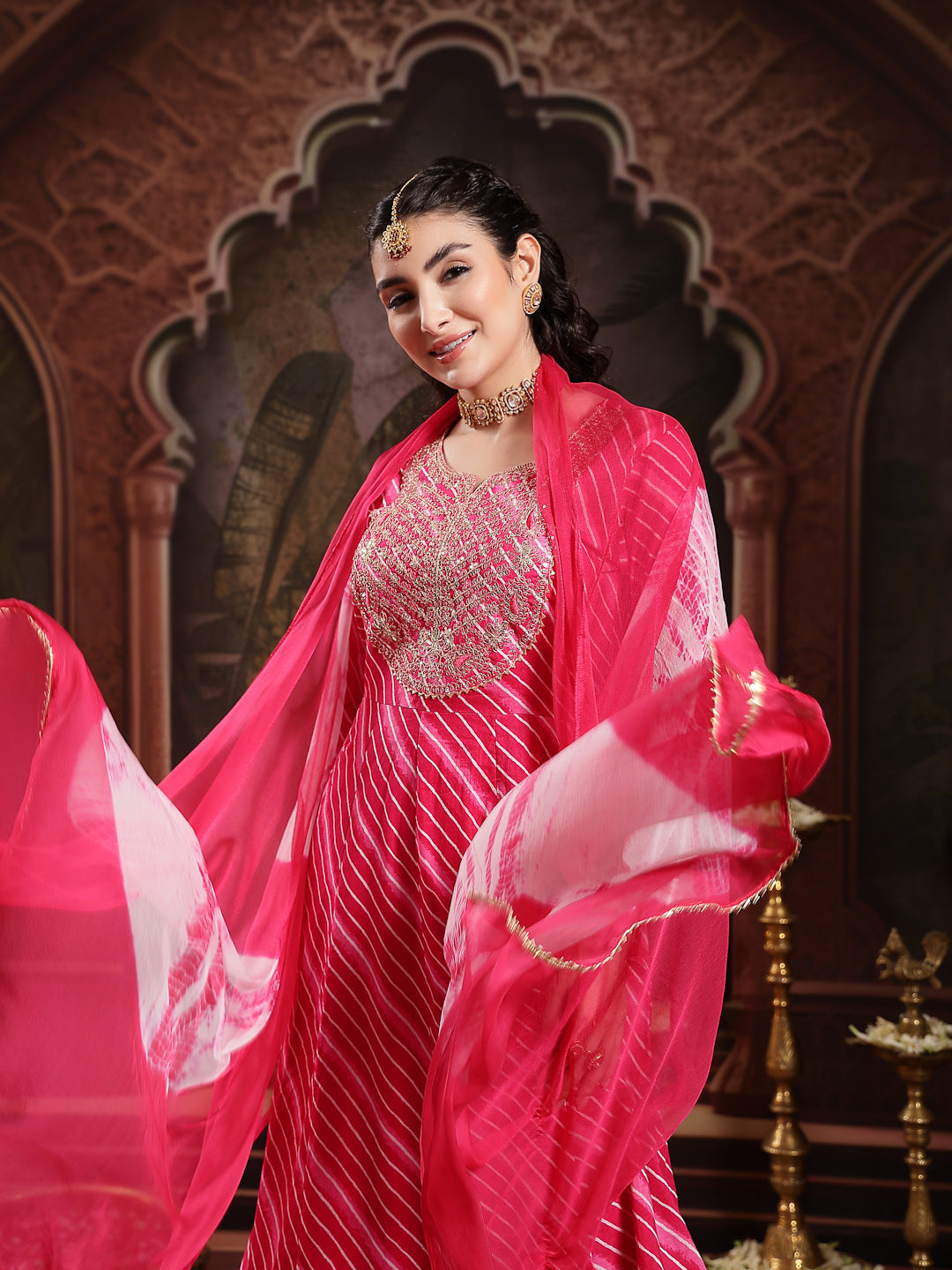 Pink Leheriya Printed & Embroidered Cotton Anarkali Kurta Pant Dupatta Set
