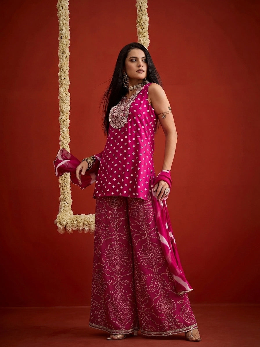 Pink Bandhej Printed & Embroidered Rayon Straight Short Kurti Palazzo Dupatta Set