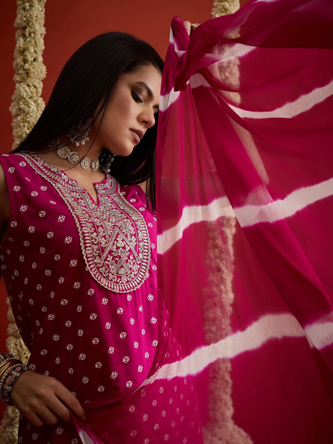 Pink Bandhej Printed & Embroidered Rayon Straight Short Kurti Palazzo Dupatta Set