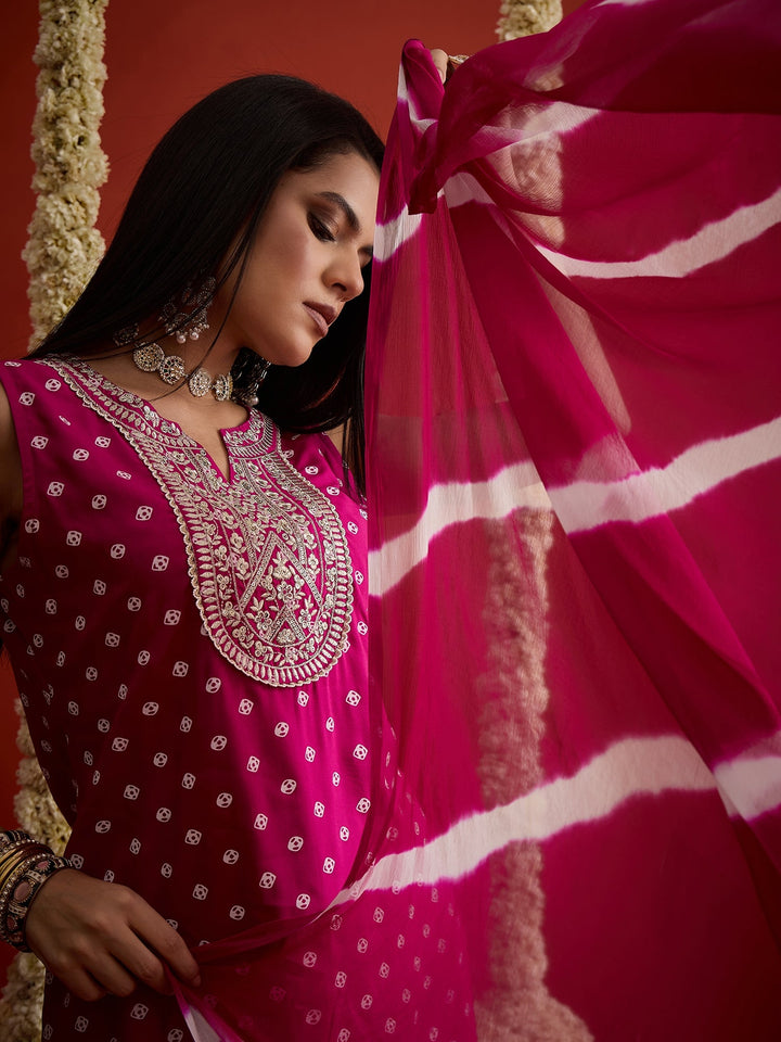 Pink Bandhej Printed & Embroidered Rayon Straight Short Kurti Palazzo Dupatta Set