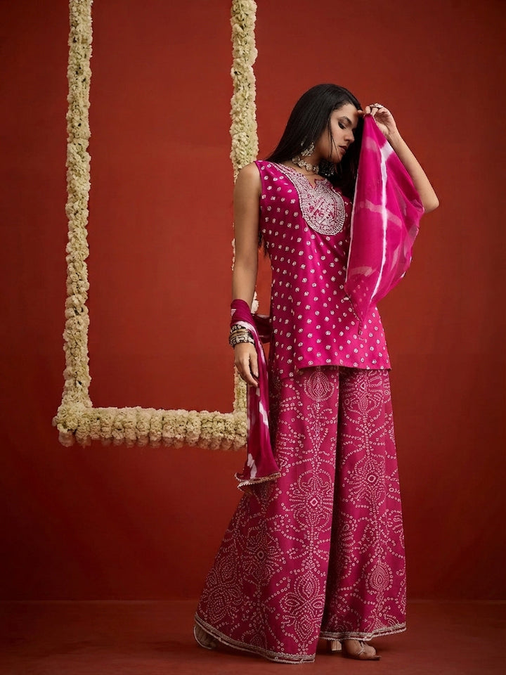 Pink Bandhej Printed & Embroidered Rayon Straight Short Kurti Palazzo Dupatta Set