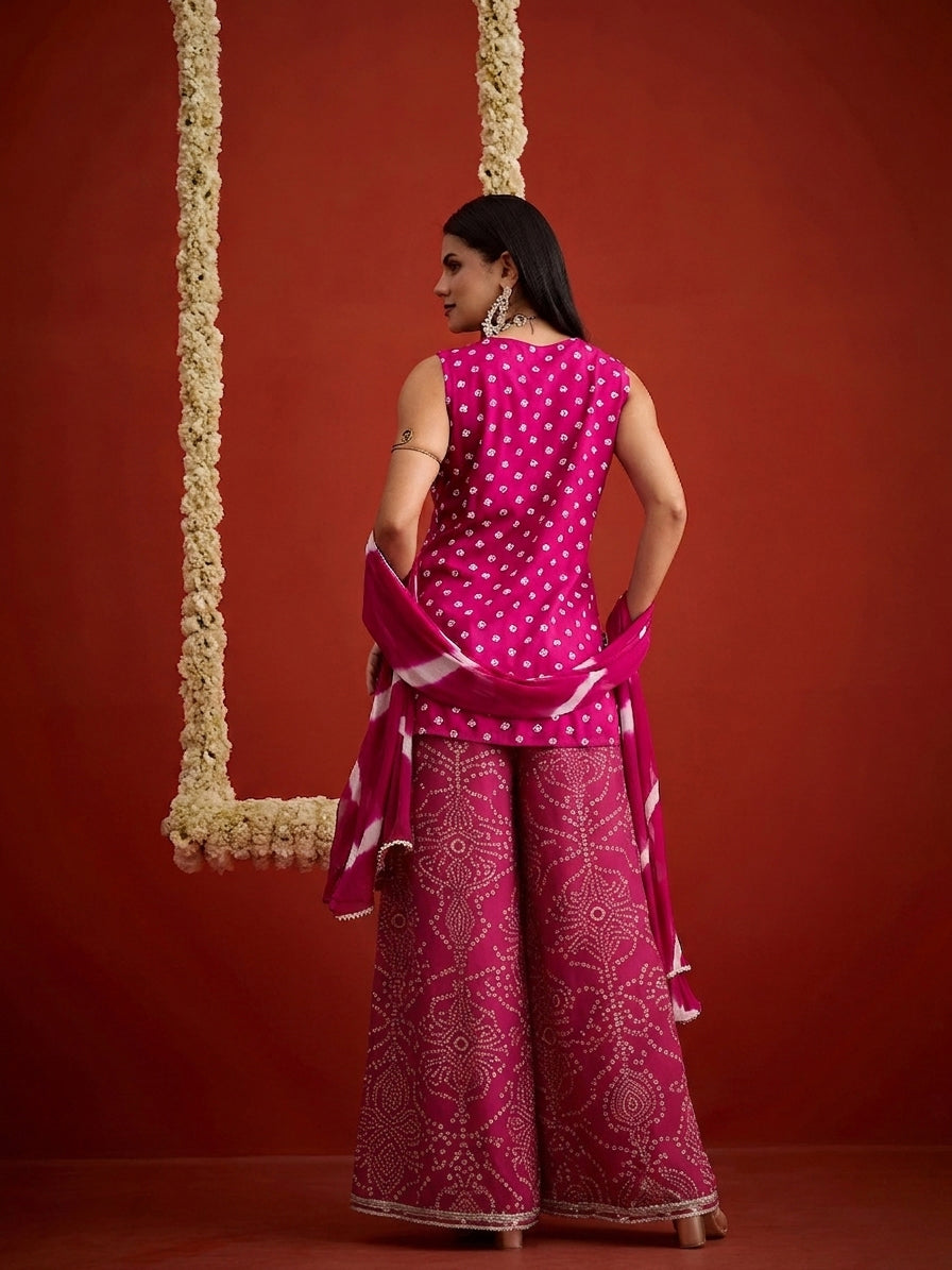 Pink Bandhej Printed & Embroidered Rayon Straight Short Kurti Palazzo Dupatta Set