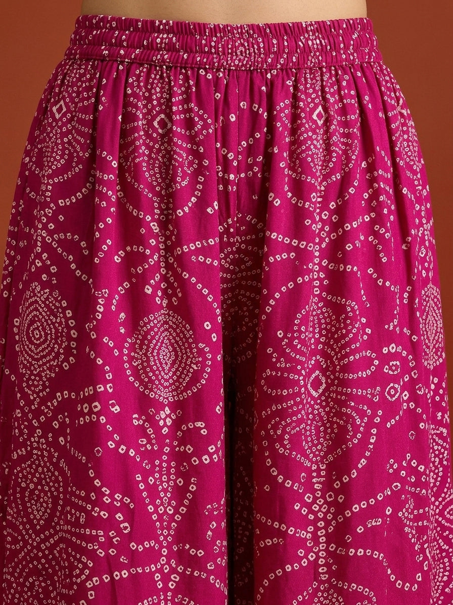 Pink Bandhej Printed & Embroidered Rayon Straight Short Kurti Palazzo Dupatta Set