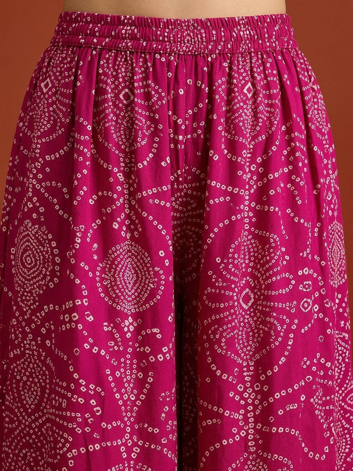 Pink Bandhej Printed & Embroidered Rayon Straight Short Kurti Palazzo Dupatta Set