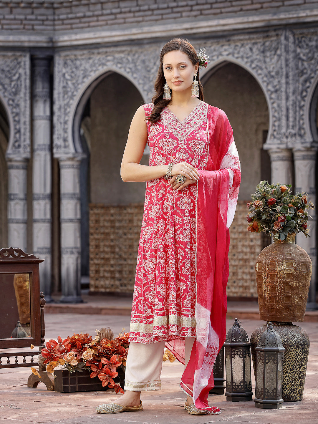 Pink-Cotton-Printed-&-Embroidered-3-Piece-Kurta-Set