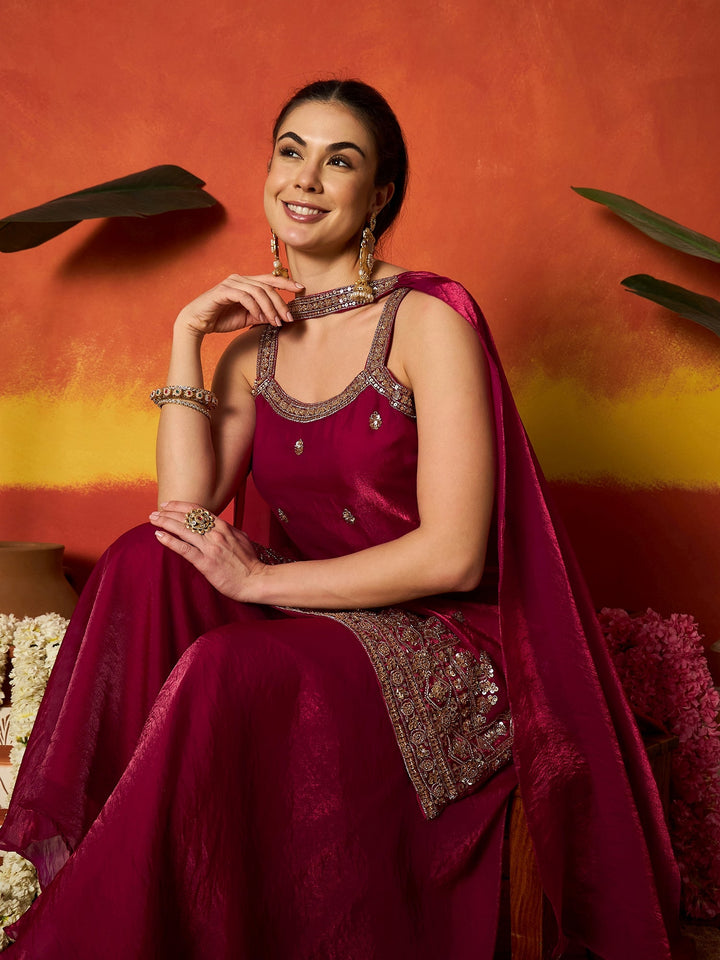 Pink Solid & Embroidered Silk Blend Straight Kurti Palazzo Dupatta Set
