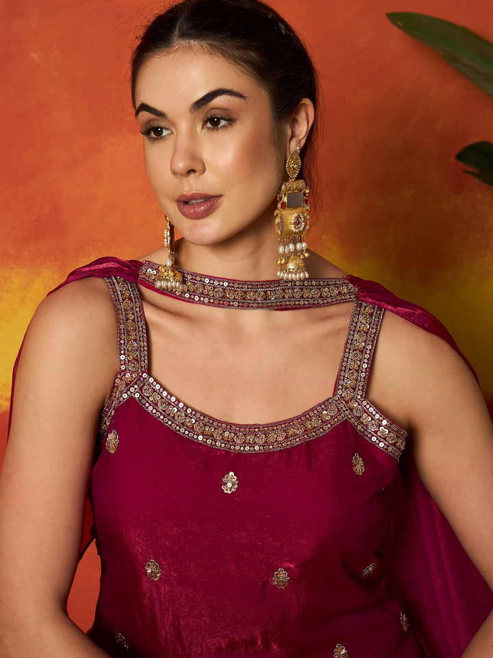 Pink Solid & Embroidered Silk Blend Straight Kurti Palazzo Dupatta Set