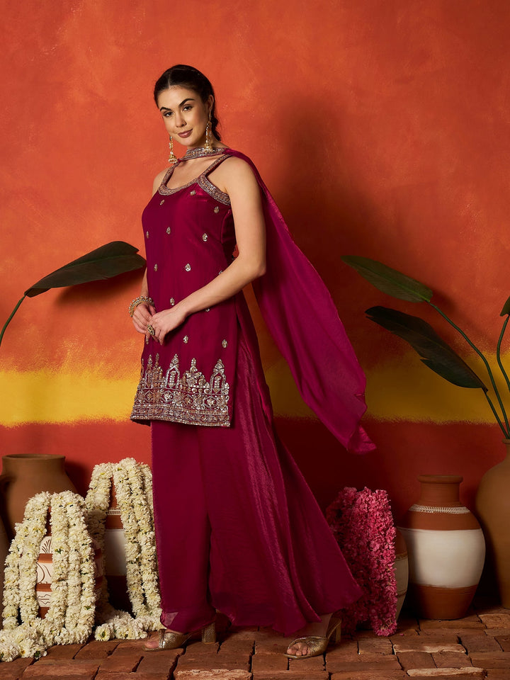 Pink Solid & Embroidered Silk Blend Straight Kurti Palazzo Dupatta Set