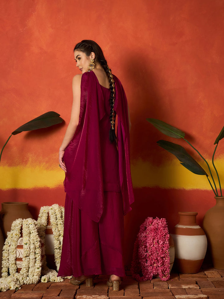 Pink Solid & Embroidered Silk Blend Straight Kurti Palazzo Dupatta Set