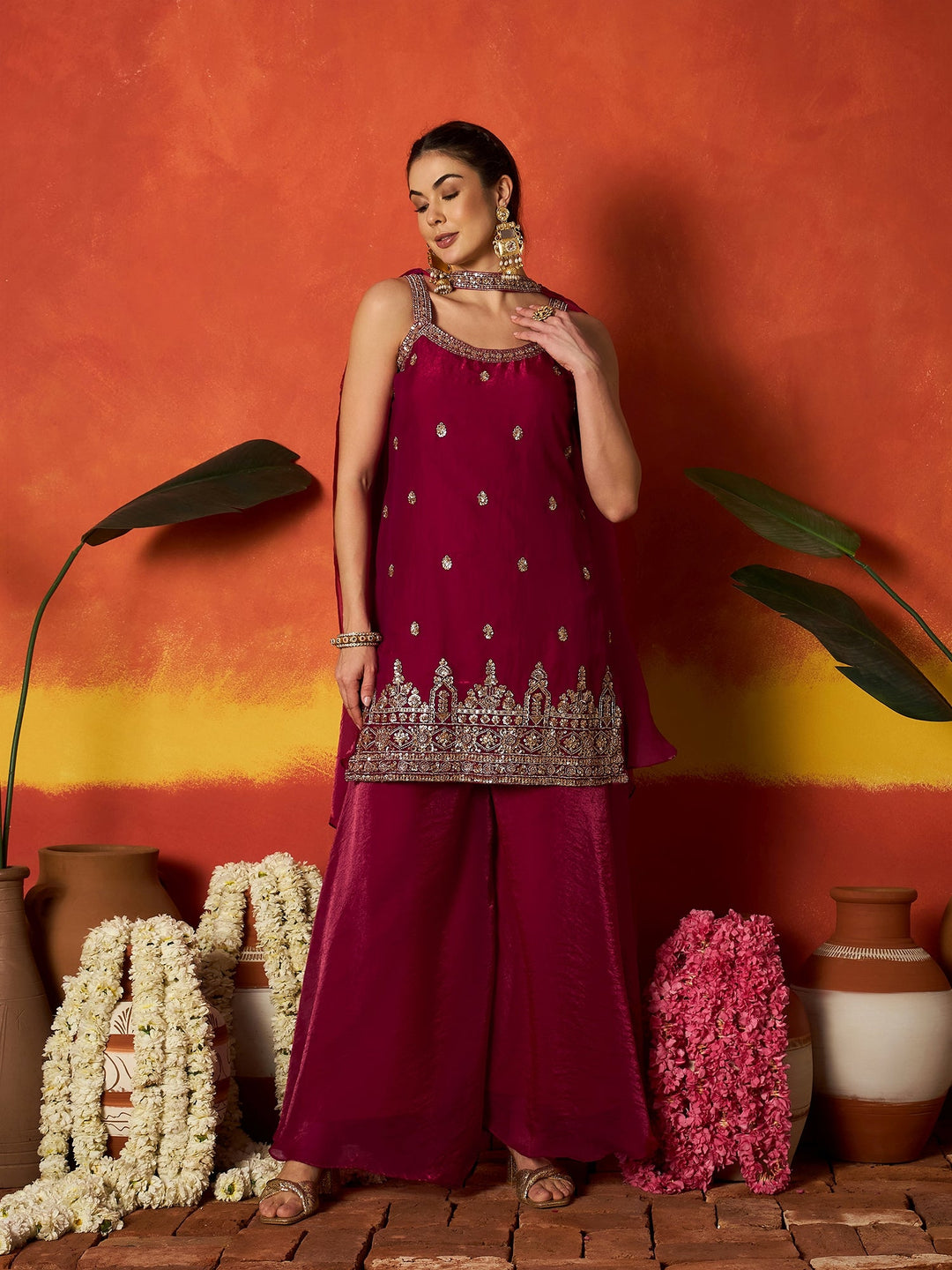 Pink Solid & Embroidered Silk Blend Straight Kurti Palazzo Dupatta Set