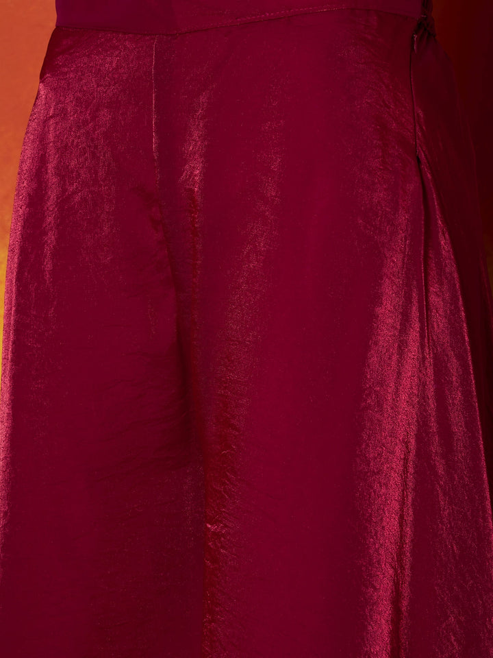 Pink Solid & Embroidered Silk Blend Straight Kurti Palazzo Dupatta Set