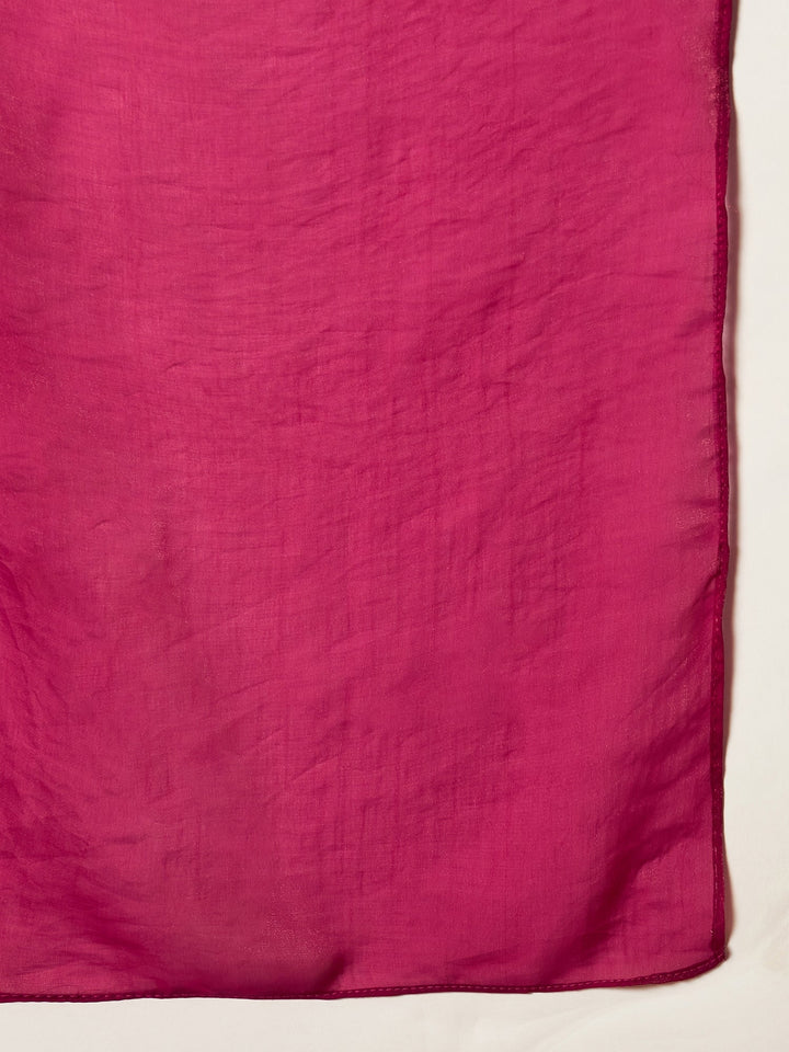 Pink Solid & Embroidered Silk Blend Straight Kurti Palazzo Dupatta Set