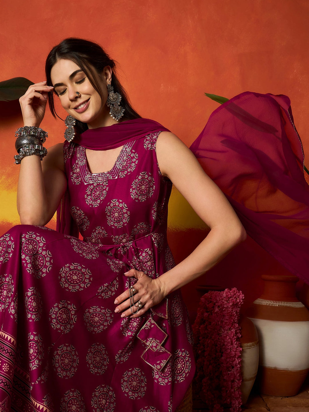 Pink Ethnic Motif Printed Rayon Anarkali Kurta Pant Dupatta Set