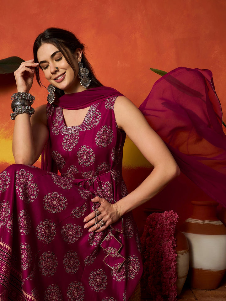 Pink Ethnic Motif Printed Rayon Anarkali Kurta Pant Dupatta Set