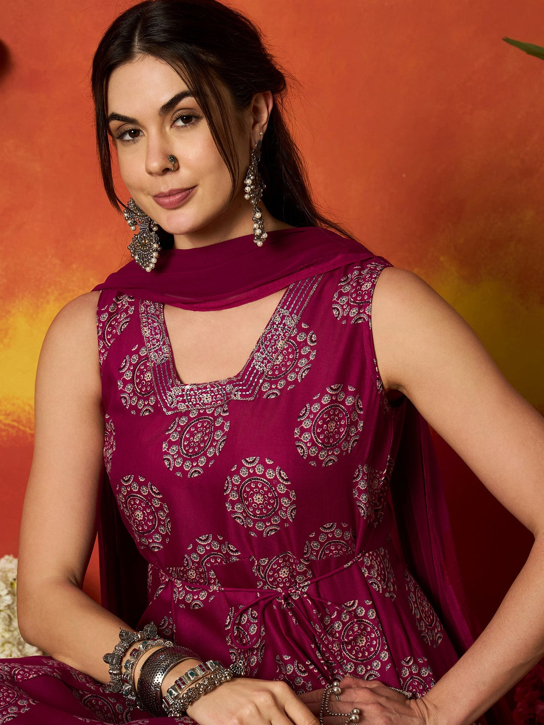 Pink Ethnic Motif Printed Rayon Anarkali Kurta Pant Dupatta Set