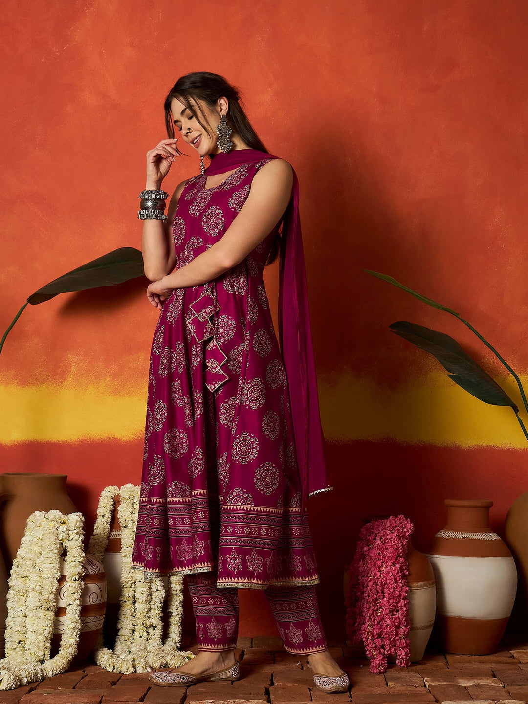 Pink Ethnic Motif Printed Rayon Anarkali Kurta Pant Dupatta Set