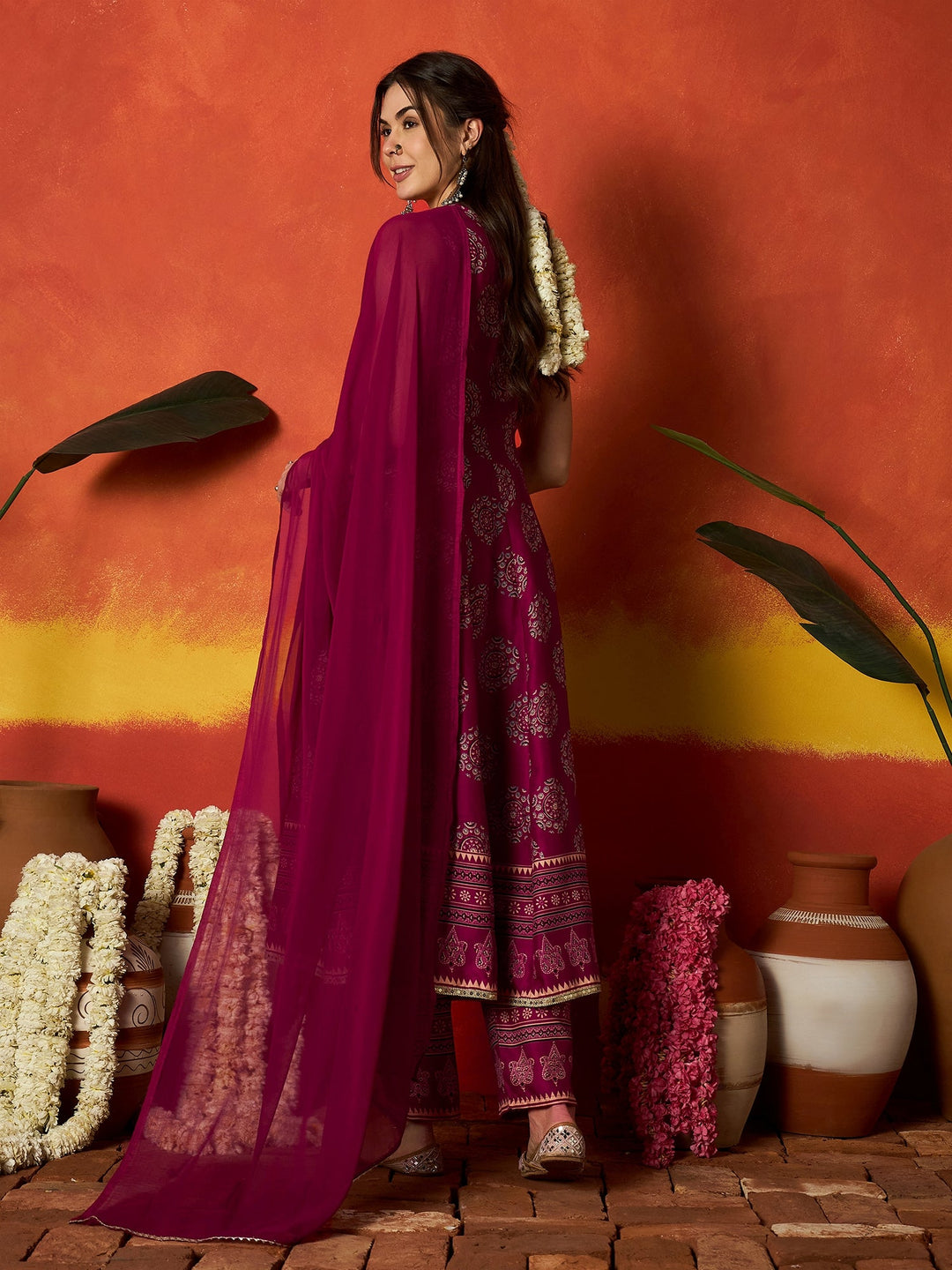 Pink Ethnic Motif Printed Rayon Anarkali Kurta Pant Dupatta Set