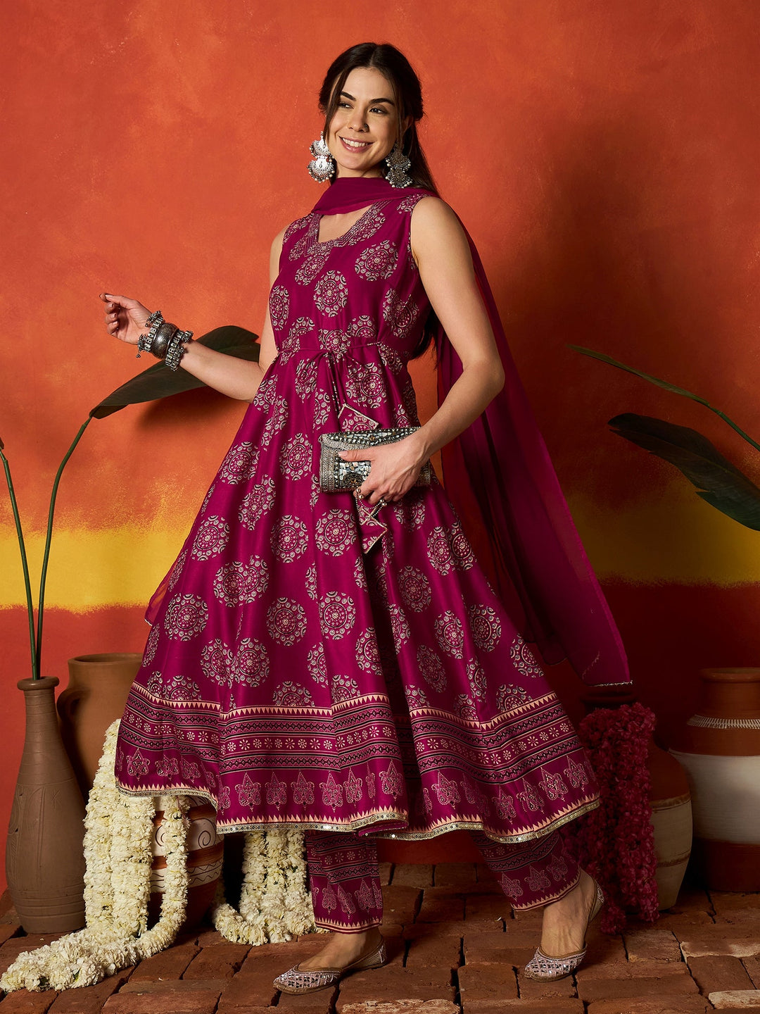 Pink Ethnic Motif Printed Rayon Anarkali Kurta Pant Dupatta Set
