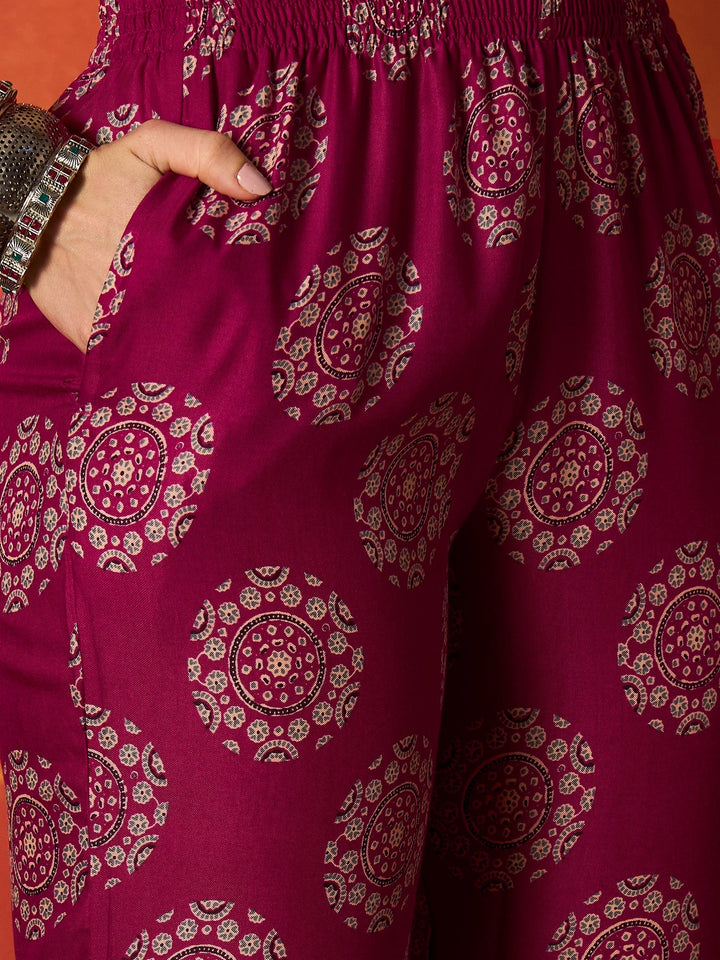 Pink Ethnic Motif Printed Rayon Anarkali Kurta Pant Dupatta Set