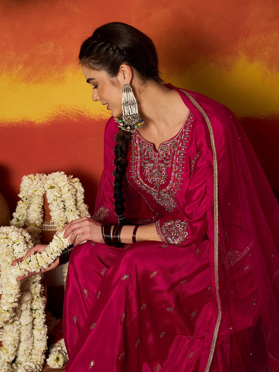 Pink Solid &amp; Embroidered Silk Blend Straight Kurti Palazzo With Dupatta