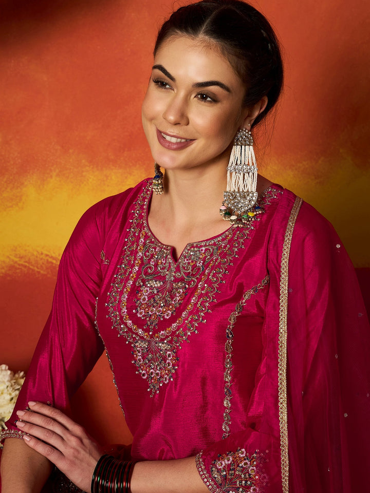 Pink Solid &amp; Embroidered Silk Blend Straight Kurti Palazzo With Dupatta