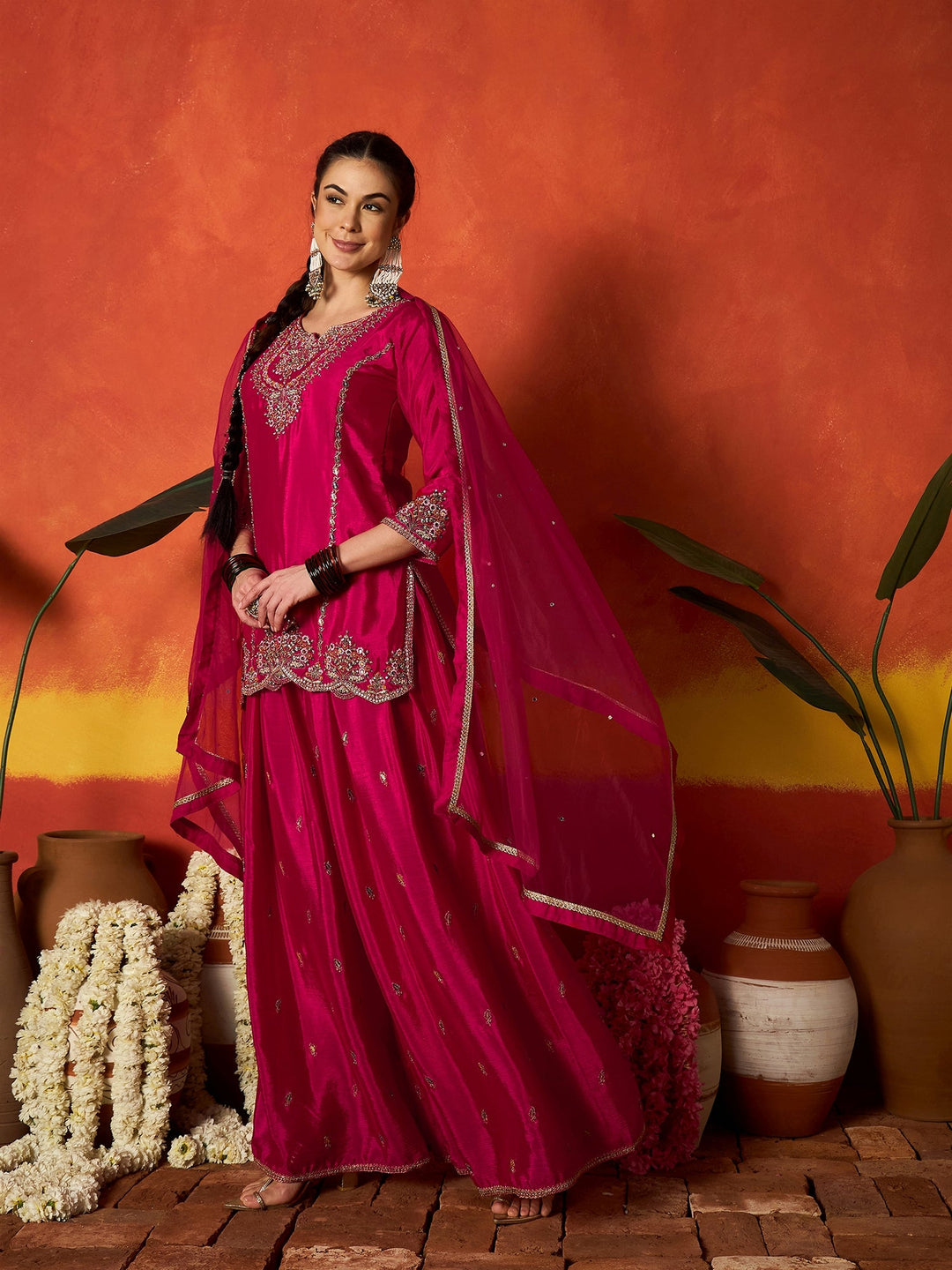 Pink Solid &amp; Embroidered Silk Blend Straight Kurti Palazzo With Dupatta