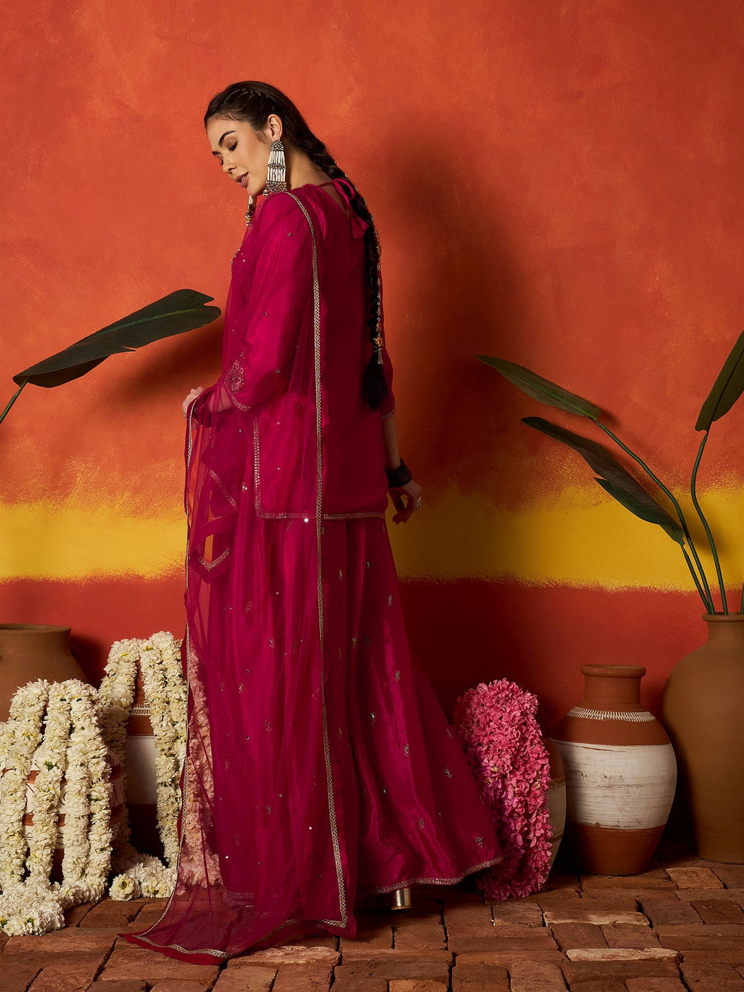 Pink Solid &amp; Embroidered Silk Blend Straight Kurti Palazzo With Dupatta