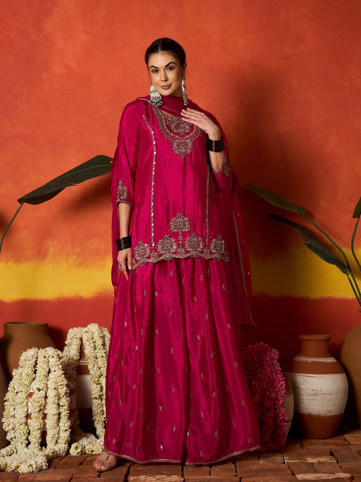 Pink Solid &amp; Embroidered Silk Blend Straight Kurti Palazzo With Dupatta