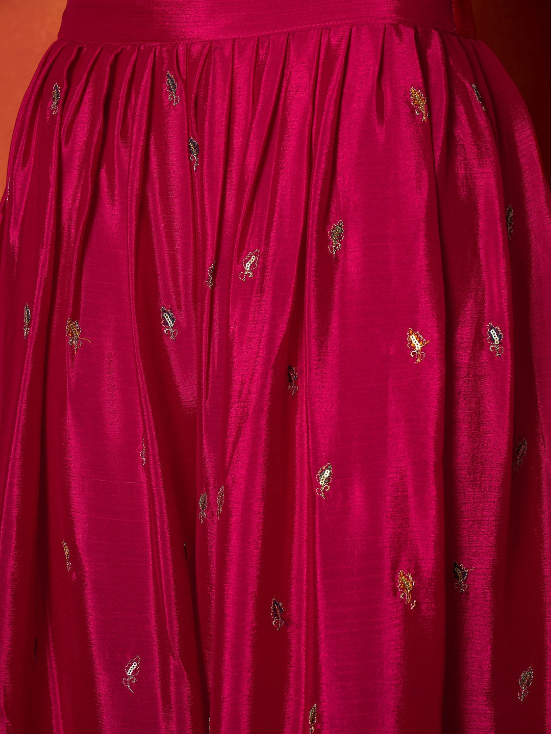 Pink Solid &amp; Embroidered Silk Blend Straight Kurti Palazzo With Dupatta