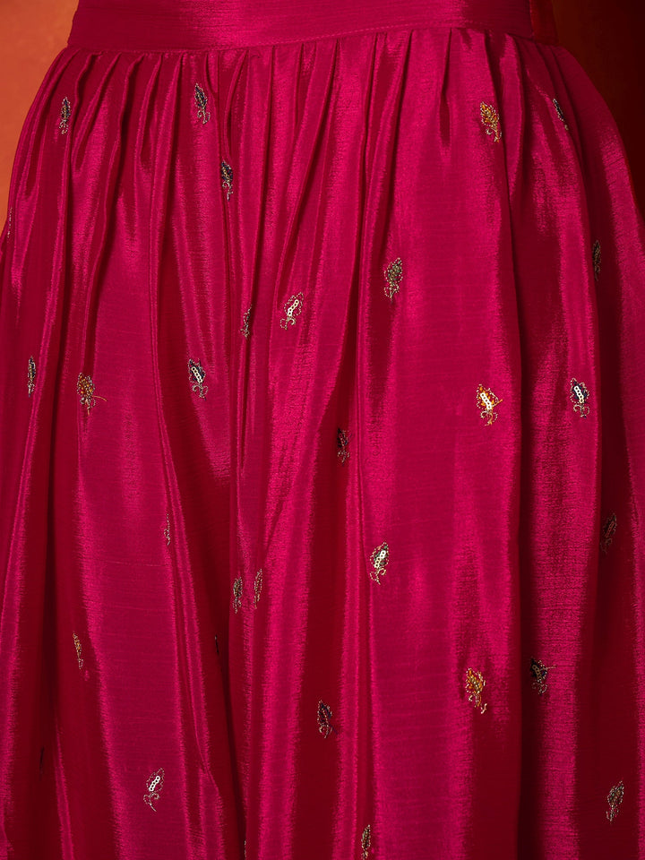 Pink Solid &amp; Embroidered Silk Blend Straight Kurti Palazzo With Dupatta