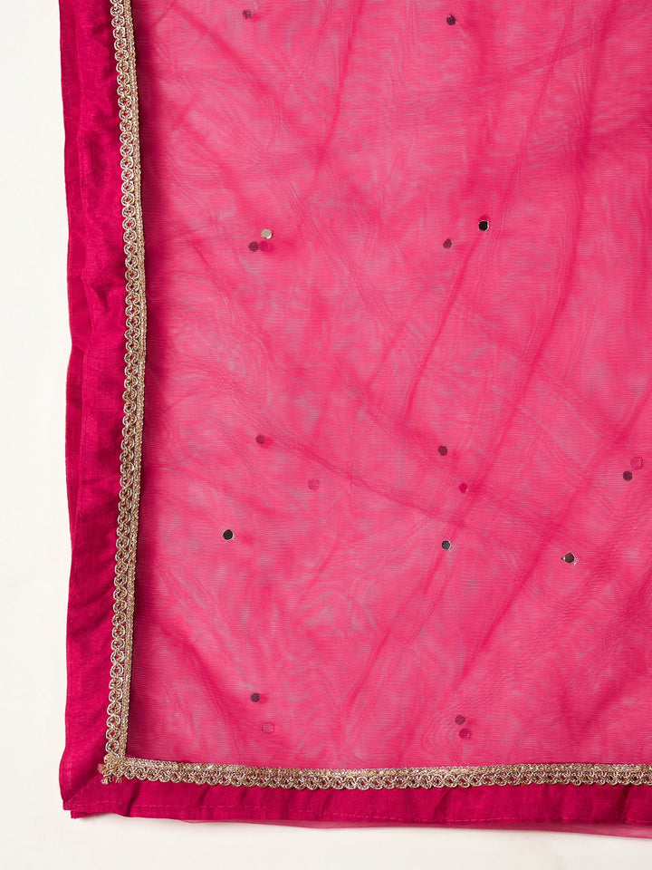 Pink Solid &amp; Embroidered Silk Blend Straight Kurti Palazzo With Dupatta