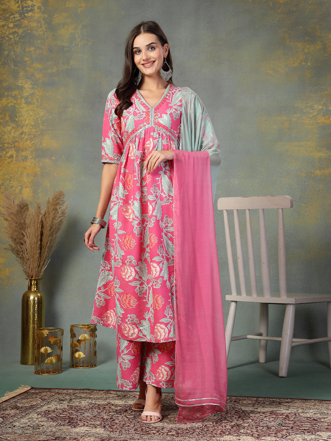 Pink-Rayon-Floral-Printed-Alia-Cut-3-Piece-Kurta-Set