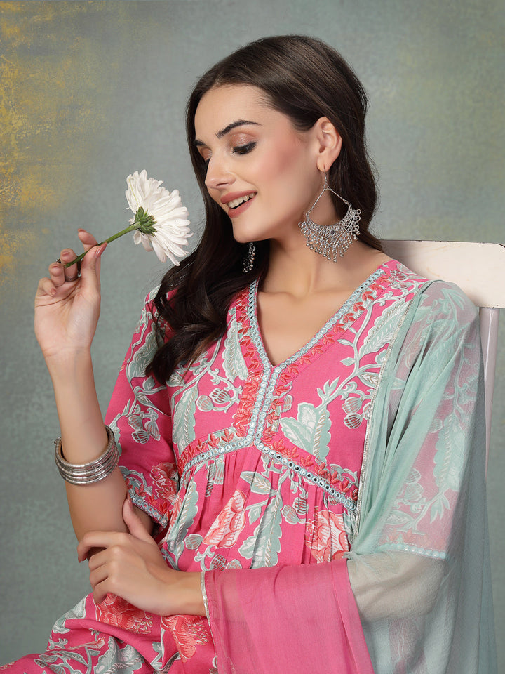 Pink-Rayon-Floral-Printed-Alia-Cut-3-Piece-Kurta-Set