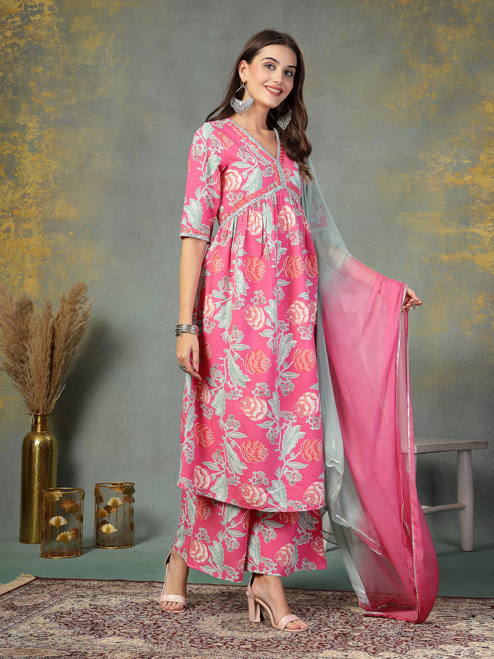 Pink-Rayon-Floral-Printed-Alia-Cut-3-Piece-Kurta-Set