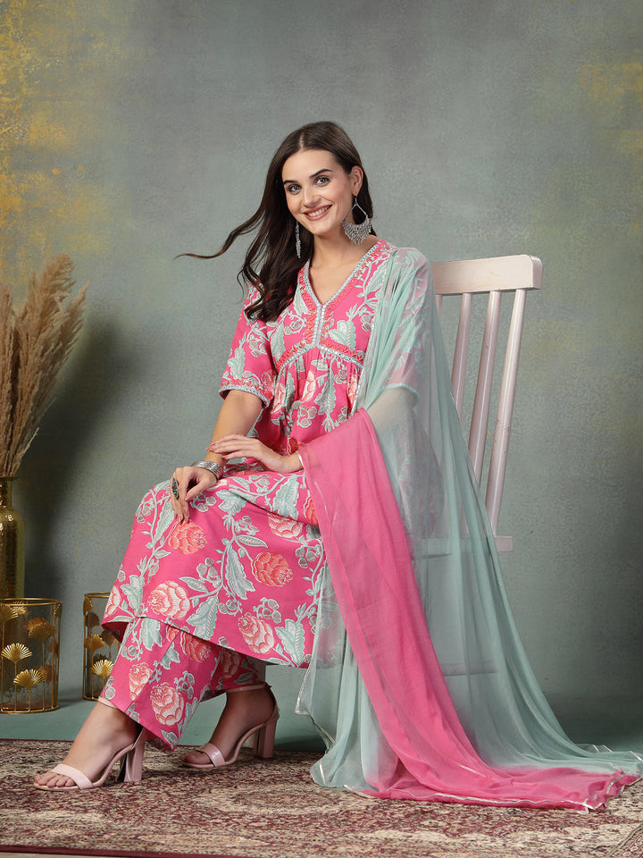 Pink-Rayon-Floral-Printed-Alia-Cut-3-Piece-Kurta-Set