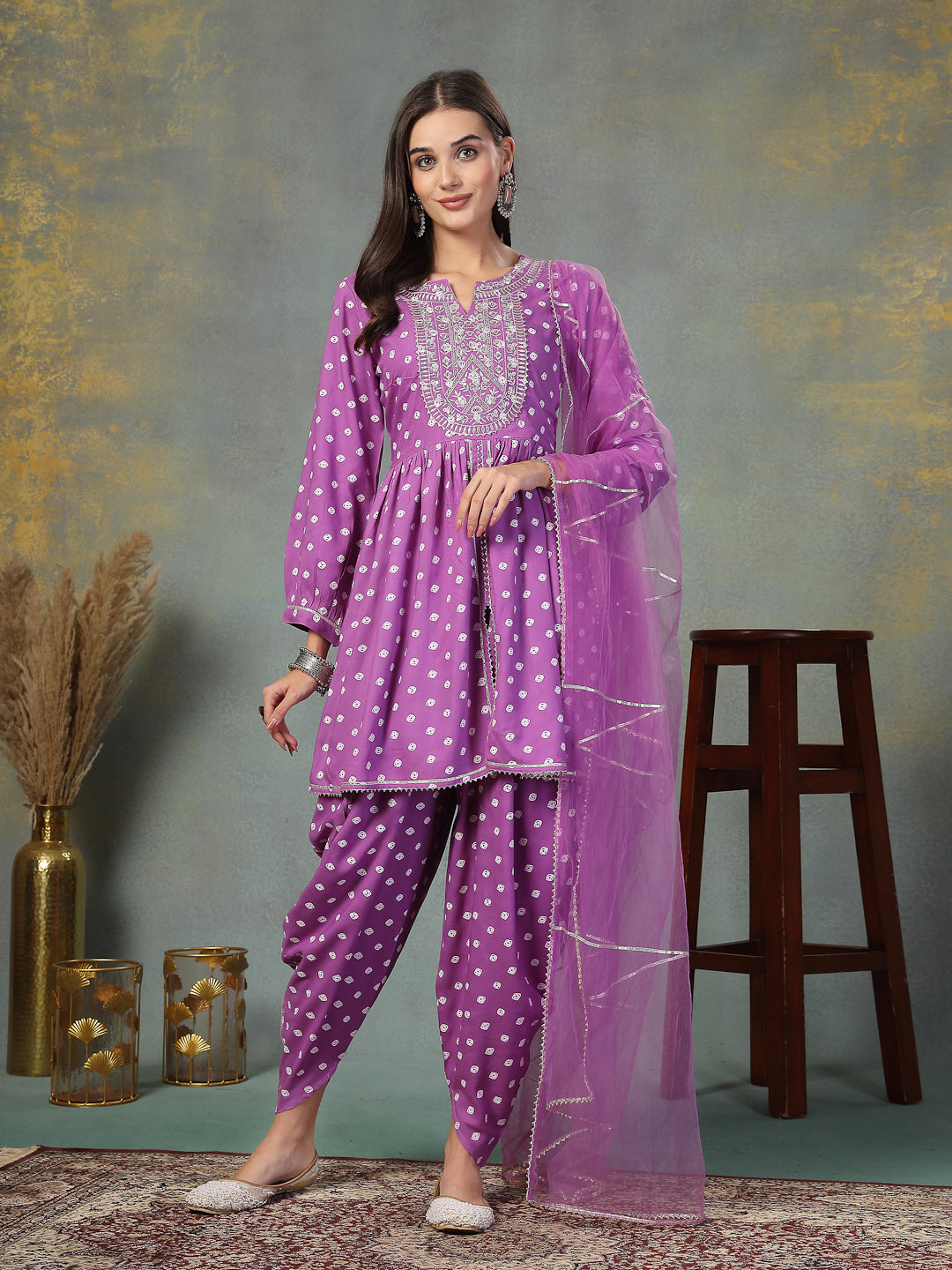 Purple-Rayon-Bandhani-Printed-3-Piece-Kurta-Set