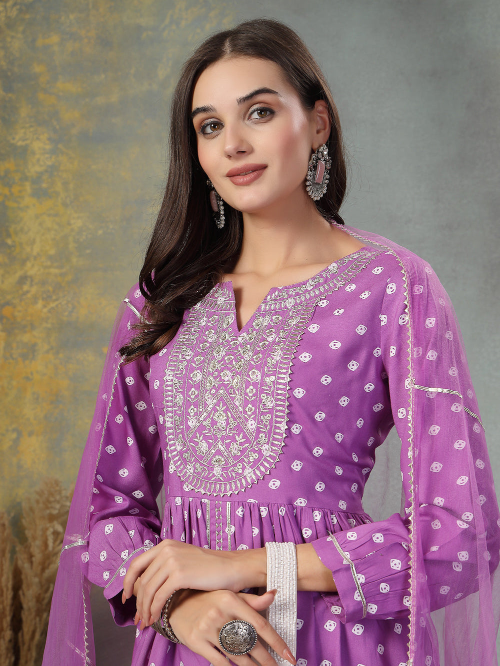 Purple-Rayon-Bandhani-Printed-3-Piece-Kurta-Set