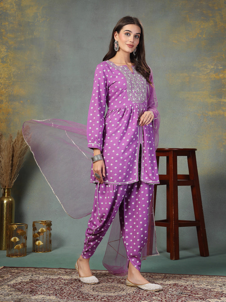 Purple-Rayon-Bandhani-Printed-3-Piece-Kurta-Set