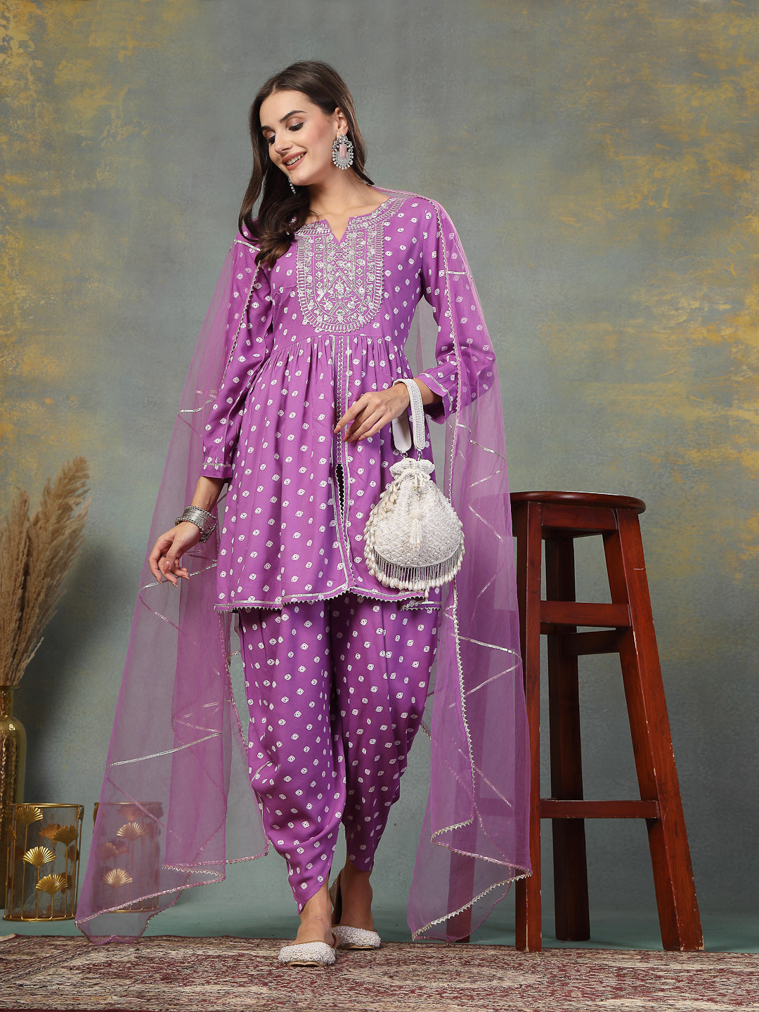 Purple-Rayon-Bandhani-Printed-3-Piece-Kurta-Set