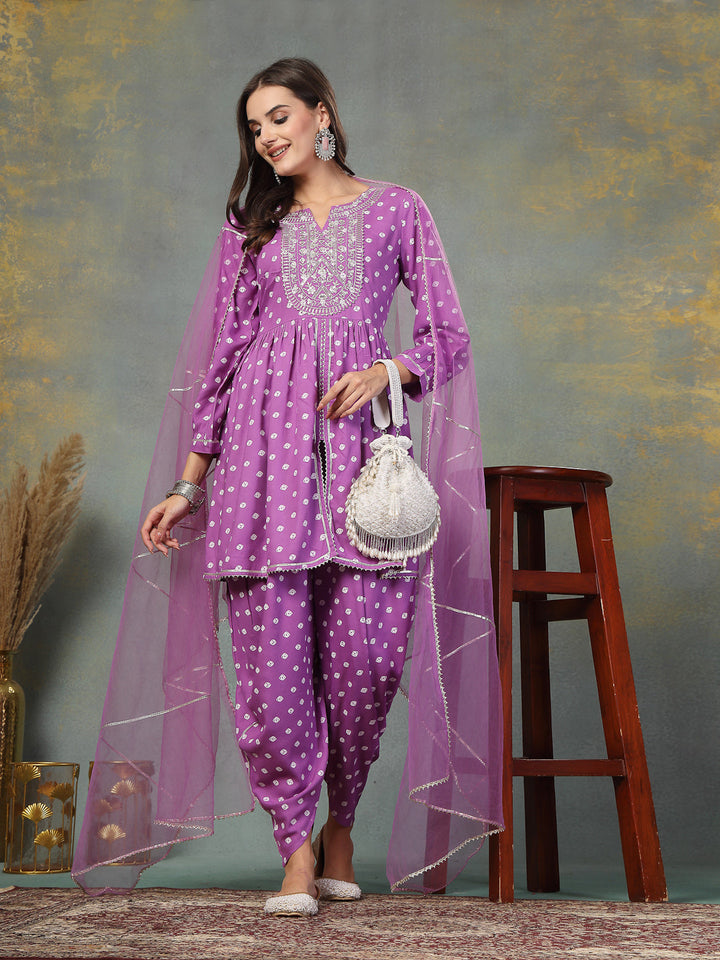 Purple-Rayon-Bandhani-Printed-3-Piece-Kurta-Set
