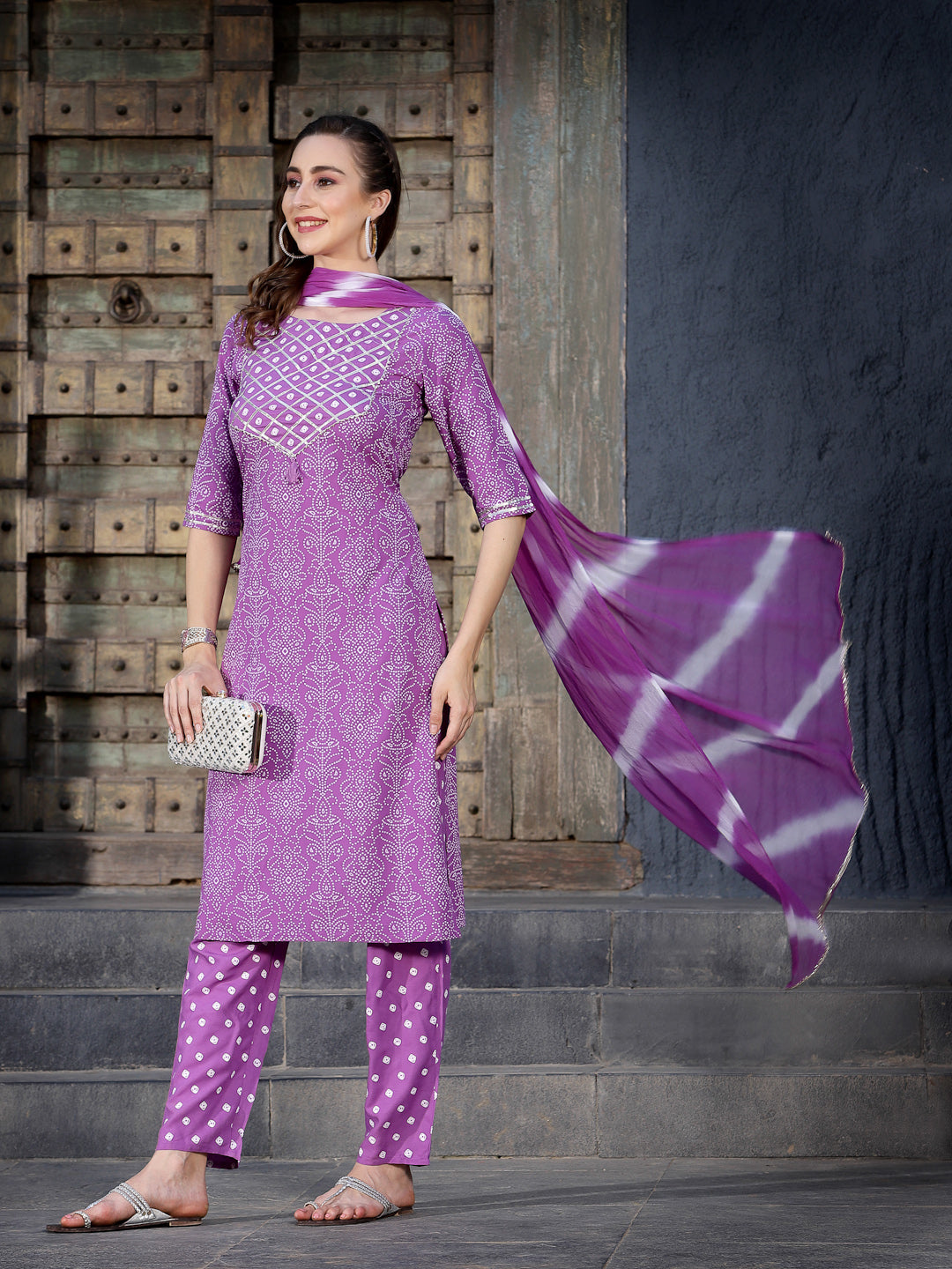 Purple-Rayon-Bandhej-Printed-3-Piece-Kurta-Set