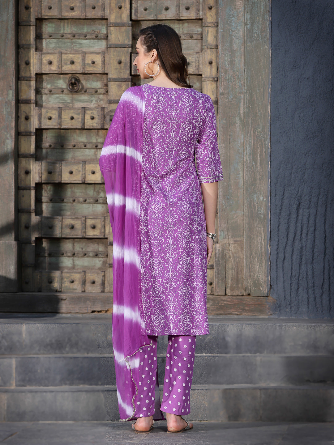 Purple-Rayon-Bandhej-Printed-3-Piece-Kurta-Set