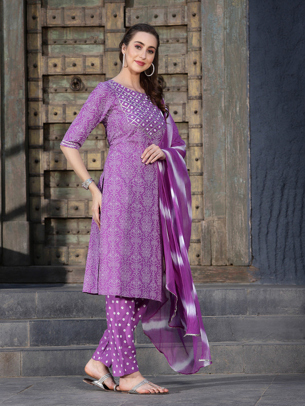 Purple-Rayon-Bandhej-Printed-3-Piece-Kurta-Set